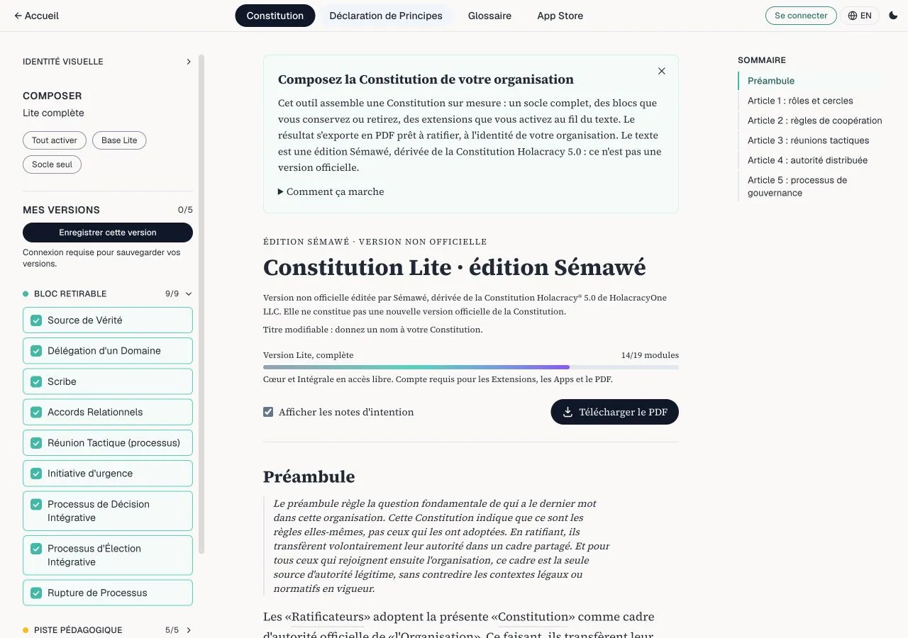 Interface publique du composeur : modules à gauche, Constitution au centre et sommaire à droite.