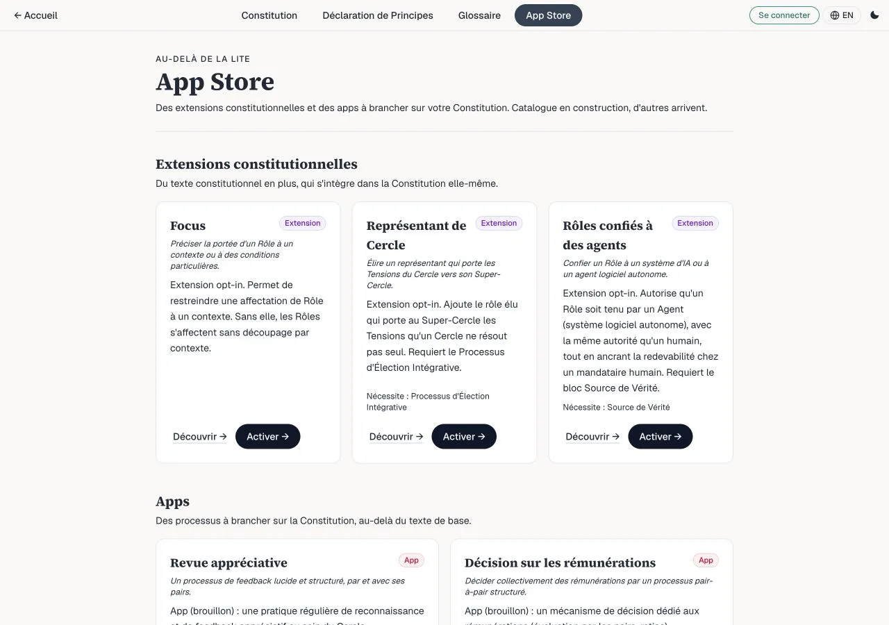 Catalogue du composeur présentant les extensions Focus, Représentant de Cercle et Rôles confiés à des agents.