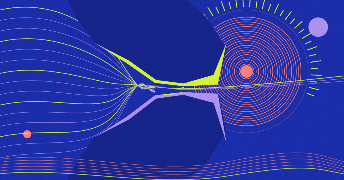 Illustration aux couleurs d'Hétérostasia : un flux de lignes ondulées, la production de l'IA, se resserre devant un passage étroit percé dans un mur de roche, la relecture, et n'en ressort qu'en mince filet, devant un grand soleil de cercles concentriques.